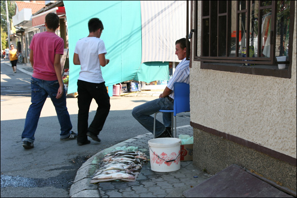 Vente de poissons (frais?) sur un trottoir de Prizren