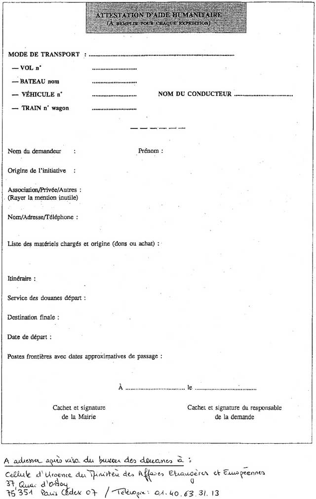 attestation aide humanitaire douane france vierge