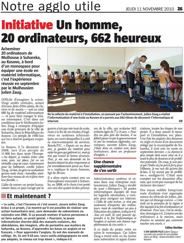 Article presse journal L'Alsace Julien Zaug action humanitaire Kosovo