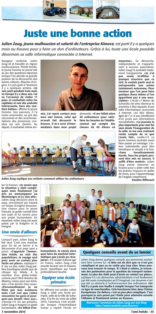 Article projet humanitaire Kosovo Ami Hebdo journal presse Julien Zaug